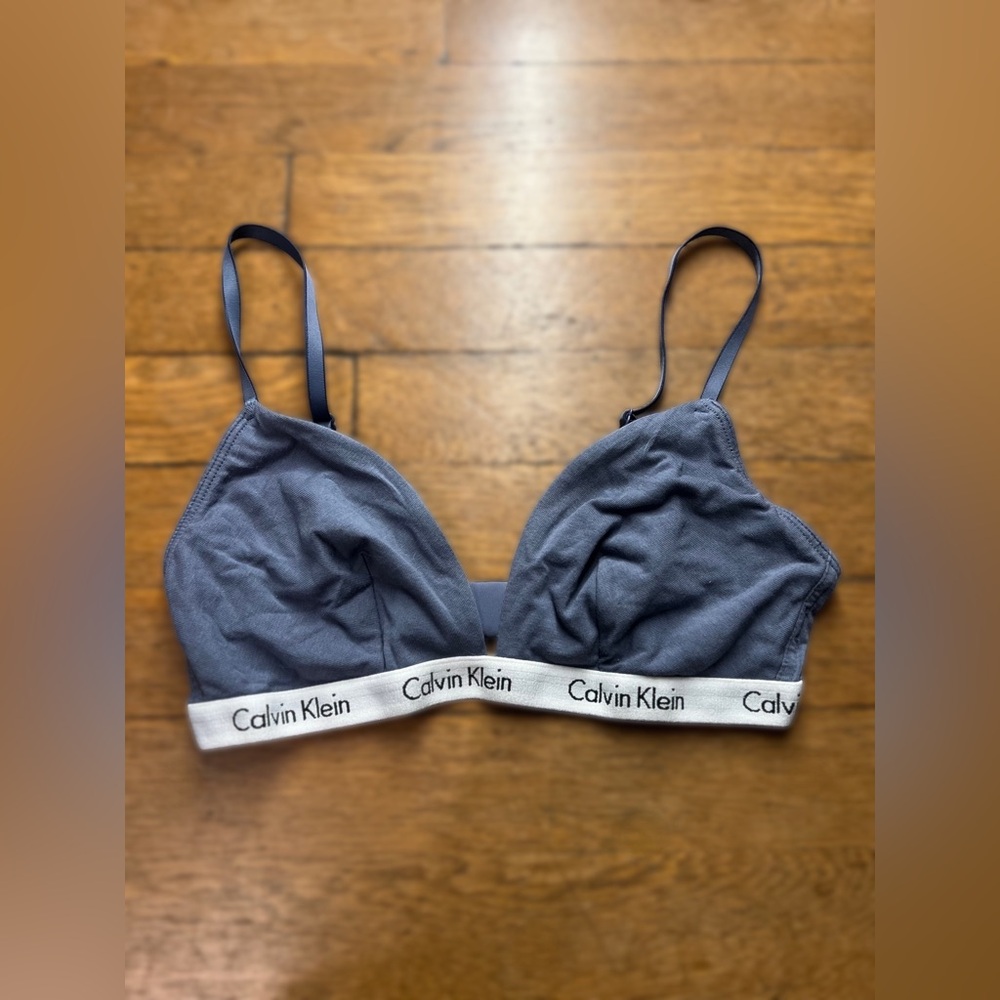 Calvin Klein Gray-Blue Cotton Triangle Bralette with Logo Band